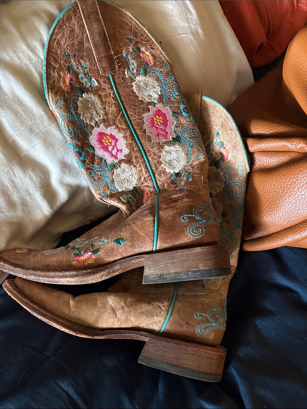 Anderson Bean Brown Leather Western Boots with Turquoise and Pink Embroidery